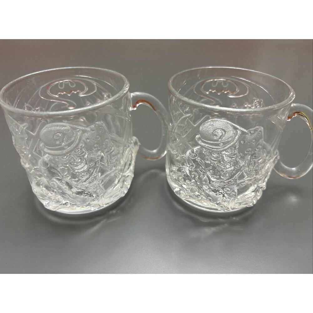 LOT 2 McDonald's BATMAN FOREVER 3D Embossed Collector Glass Mug 1995 Vintage